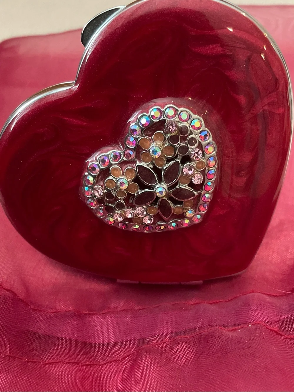 Spring Street Red Heart Compact Mirror with Jeweled Center